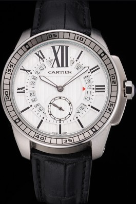 Cartier Calibre De Cartier Small Seconds White Dial Stainless Steel Case Black Leather Strap Cartier Replica