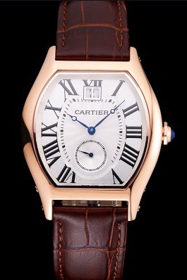 Cartier Tortue Large Date White Dial Gold Case Brown Leather Strap Cartier Replica