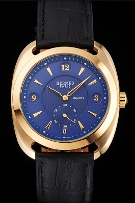 Hermes Dressage Blue Dial Gold Case Black Leather Strap Hermes Replica Watches