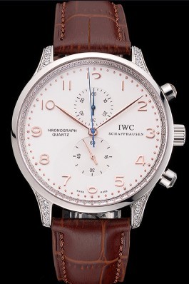 IWC Portugieser Chronograph White Dial Rose Gold Hands And Numerals Steel Case With Diamonds Brown Leather Strap Iwc Replica
