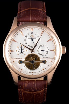 Jaeger Lecoultre Tourbillon Perpetuel Gold Bezel Brown Leather Band 621618 Le Coultre Watch