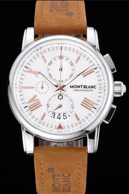 Montblanc Chronograph White Dial Brown Suede Leather Bracelet Silver Case 1454115 Mont Blanc Watch Replica