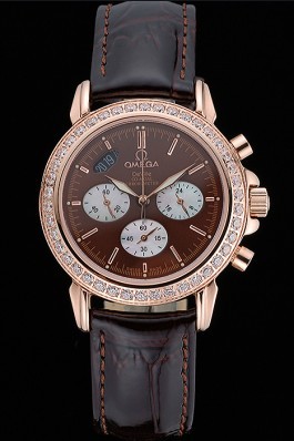 Omega De Ville Chronograph Brown Dial Gold Diamond Case Brown Leather Bracelet 622457 Omega Replica Watch