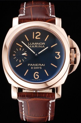 Panerai Luminor Marina 8 Days Black Dial Rose Gold Case Brown Leather Strap Panerai Luminor Replica