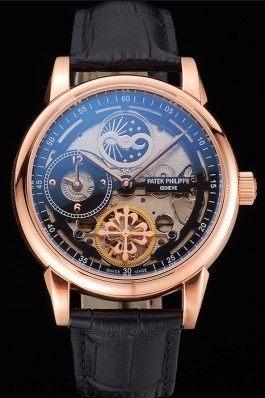 Patek Philippe Dual Time Moonphase Tourbillon Black Skeletonised Rose Gold Case Black Leather Strap Fake Patek Philippe