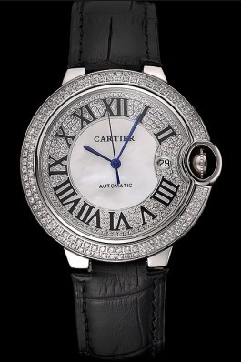 Swiss Cartier Ballon Bleu 46 MM Diamond Dial Diamond Case Black Leather Bracelet 1453894 Cartier Replica