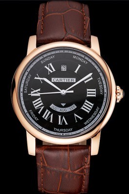 Swiss Cartier Rotonde Annual Calendar Black Dial Rose Gold Case Brown Leather Strap Cartier Replica
