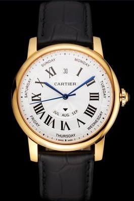 Swiss Cartier Rotonde Annual Calendar White Dial Gold Case Black Leather Strap Cartier Replica
