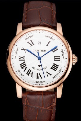 Swiss Cartier Rotonde Annual Calendar White Dial Rose Gold Case Brown Leather Strap Cartier Replica