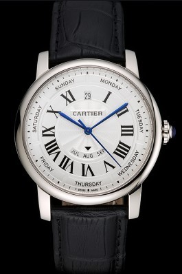 Swiss Cartier Rotonde Annual Calendar White Dial Stainless Steel Case Black Leather Strap Cartier Replica