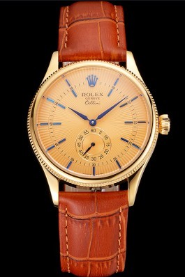 Swiss Rolex Cellini Gold Dial Blue Markings Gold Case Light Brown Leather Strap Replica Rolex