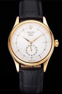 Swiss Rolex Cellini White Dial Gold Case Black Leather Strap Replica Rolex