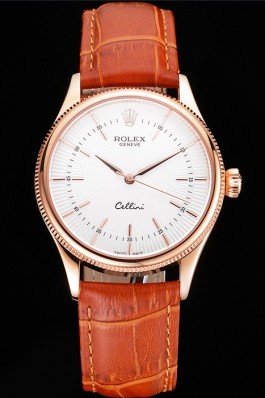 Swiss Rolex Cellini White Dial Rose Gold Case Brown Leather Strap Replica Rolex