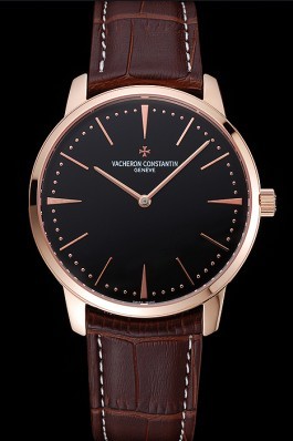 Swiss Vacheron Constantin Patrimony Grand Taille Black Dial Rose Gold Case Brown Leather Bracelet 1454169 Replica Vacheron Constantin