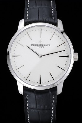 Swiss Vacheron Constantin Patrimony White Dial Silver Case Black Leather Bracelet 1454157 Replica Vacheron Constantin