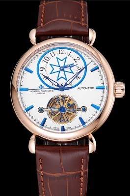 Vacheron Constantin Traditionnelle Tourbillon White Dial Blue Hourmarks Gold Case Brown Leather Bracelet 1454059 Replica Vacheron Constantin