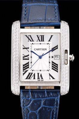 Cartier Tank Anglaise 36mm White Dial Diamonds Steel Case Blue Leather Bracelet Cartier Replica