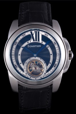 Cartier Calibre Flying Tourbillon Black Dial Stainless Steel Case Black Leather Bracelet Cartier Replica