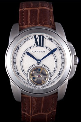 Cartier Calibre Flying Tourbillon White Dial Stainless Steel Case Brown Leather Bracelet  Cartier Replica