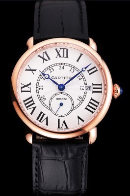 Cartier Ronde Louis Cartier White Dial Gold Case Black Leather Strap Cartier Replica