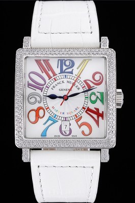 Franck Muller Master Square Color Dreams Diamonds Case White Leather Band 622356 Franck Muller Replica Watch