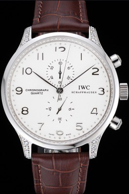 IWC Portugieser Chronograph White Dial Steel Hands And Numerals Steel Case With Diamonds Brown Leather Strap Iwc Replica