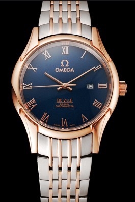 Omega De Ville Blue Dial Rose Gold Case Two Tone Bracelet 1453783 Omega Replica Watch