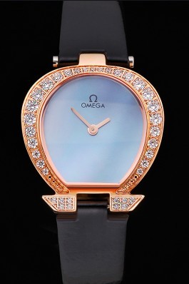 Omega Ladies Watch Blue Dial Gold Case With Diamonds Black Leather Strap 622830 Omega Replica Watch