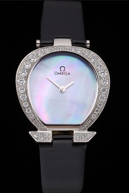 Omega Ladies Watch Pearl Dial Stainless Steel Case With Diamonds Black Leather Strap 622828 Omega Replica Watch