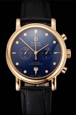 Omega Seamaster Vintage Chronograph Blue Dial Diamond Hour Marks Gold Case Black Leather Strap Omega Replica Seamaster