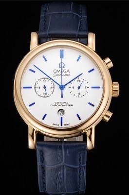 Omega Seamaster Vintage Chronograph White Dial Blue Hour Marks Gold Case Blue Leather Strap Omega Replica Seamaster