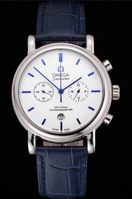 Omega Seamaster Vintage Chronograph White Dial Blue Hour Marks Stainless Steel Case Blue Leather Strap Omega Replica Seamaster