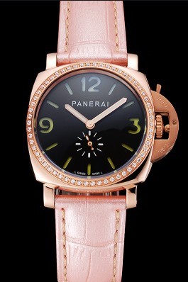 Panerai Radiomir Black Dial Diamond Bezel Rose Gold Case Pink Leather Strap 1453801 Panerai Replica Watch
