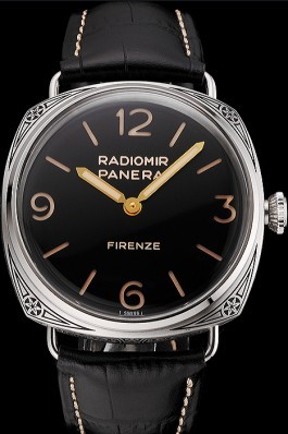 Panerai Radiomir Firenze 3 Days Acciaio PAM604 Black Dial Engraved Stainless Stell Case Black Leather Strap Panerai Replica Watch