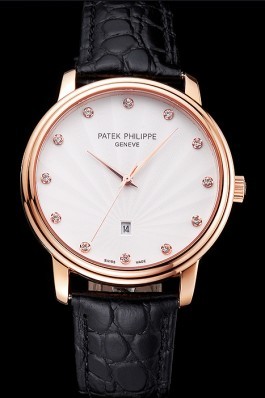 Patek Philippe Calatrava Date White Dial Rose Gold Case Black Leather Strap Aaa Grade Patek Philippe Replica