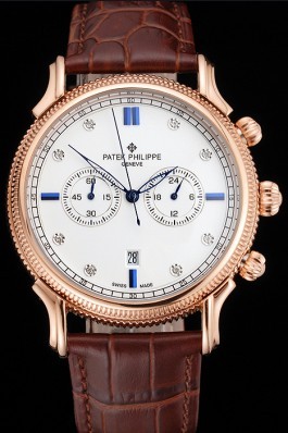 Patek Philippe Chronograph White Dial With Blue And Diamond Markings Rose Gold Case Brown Leather Strap Fake Patek Philippe
