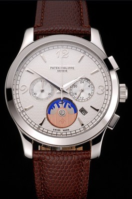 Patek Philippe Chronograph White Guilloche Dial Stainless Steel Case Brown Leather Strap Fake Patek Philippe