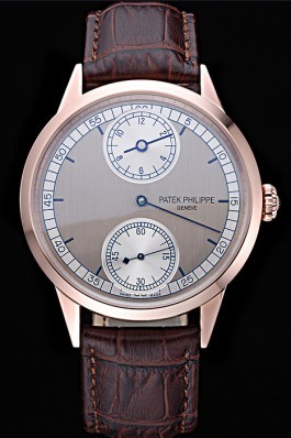 Patek Philippe Geneve Two Dial Gray Dial Rose Gold Bezel Brown Leather Band 622148 Fake Patek Philippe