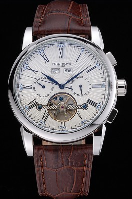 Patek Philippe Grand Complications Stainless Steel Case White Dial Roman Numerals Brown Leather Strap 622254 Fake Patek Philippe