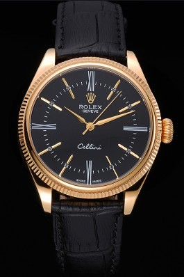 Rolex Cellini Black Dial Gold Case Black Leather Strap 622832 Replica Rolex
