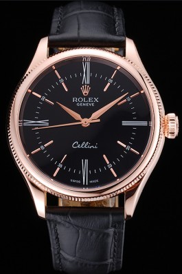 Rolex Cellini Black Dial Pink Gold Case Black Leather Strap 622842 Replica Rolex