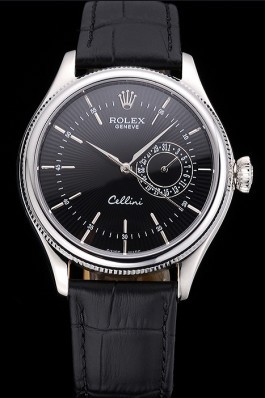 Rolex Cellini Black Dial Stainless Steel Case Black Leather Bracelet 622724 Replica Rolex