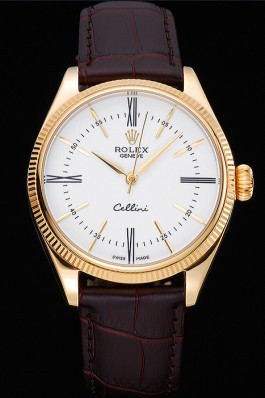 Rolex Cellini White Dial Gold Case Brown Leather Strap 622833 Replica Rolex