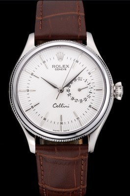 Rolex Cellini White Dial Stainless Steel Case Brown Leather Bracelet 622723 Replica Rolex