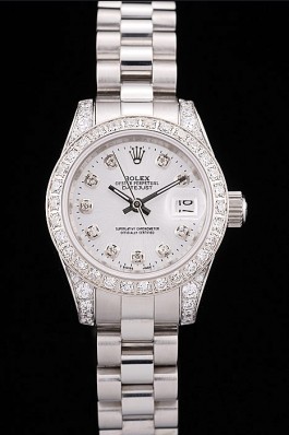 Rolex DateJust Brushed Stainless Steel Diamond Plated Case White Dial Diamond Plated Bezel Replica Rolex Datejust