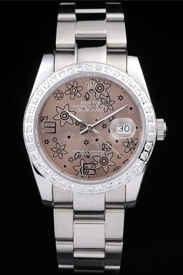 Rolex Datejust Polished Stainless Steel Brown Flowers Dial Diamond Plated Replica Rolex Datejust