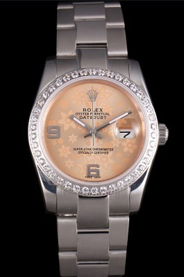Rolex Datejust Polished Stainless Steel Orange Flowers Dial Diamond Plated Replica Rolex Datejust