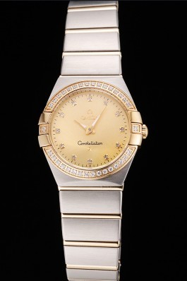 Swiss Lady Omega Constellation Crystal Encrusted Bezel Golden Dial 80293 Best Omega Replica