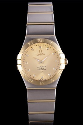 Swiss Lady Omega Constellation Stainless Steel Bracelet Golden Dial 80292 Best Omega Replica