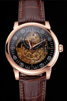 Swiss Patek Philippe Complications Openworked Dial Rose Gold Case Brown Leather Strap Fake Patek Philippe